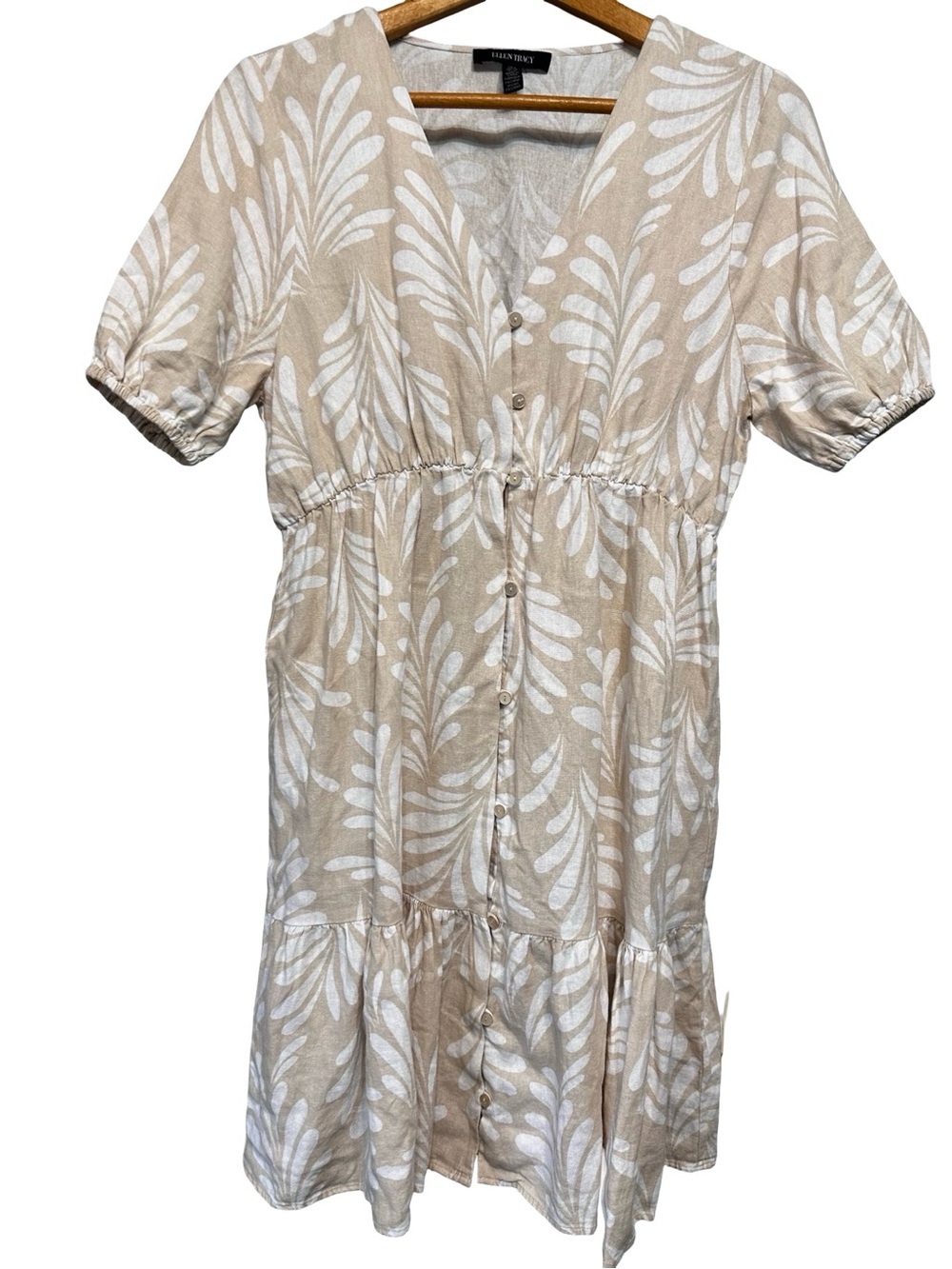 Ellen Tracy Tan White Linen Blend Floral Button Front Tiered Mini Dress SZ Small
